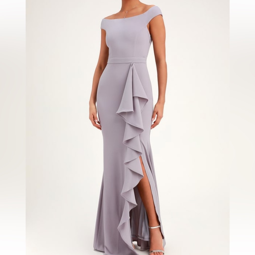 Lulu’s Mila Dusty Lavender Ruffled Off-the-Shoulder Maxi Dress